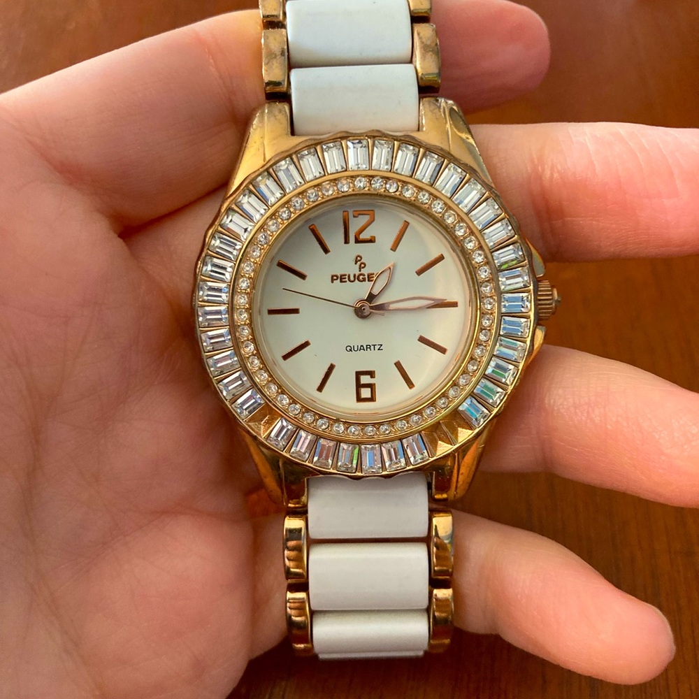 Peugeot Women's 7066RG Crystal-Accented Rose Gold Tone, Acrylic Link Watch